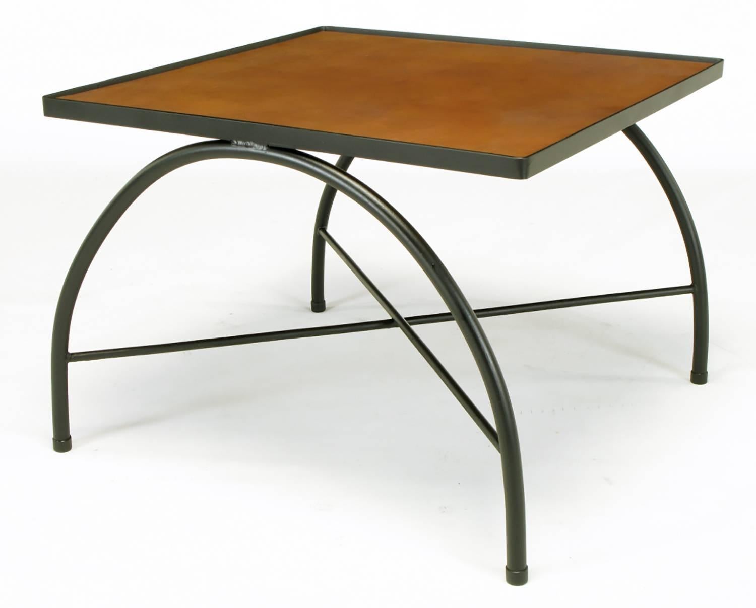 Black Lacquered Wrought Iron and Leather X-Base End Tables after Jacques Adnet For Sale 2