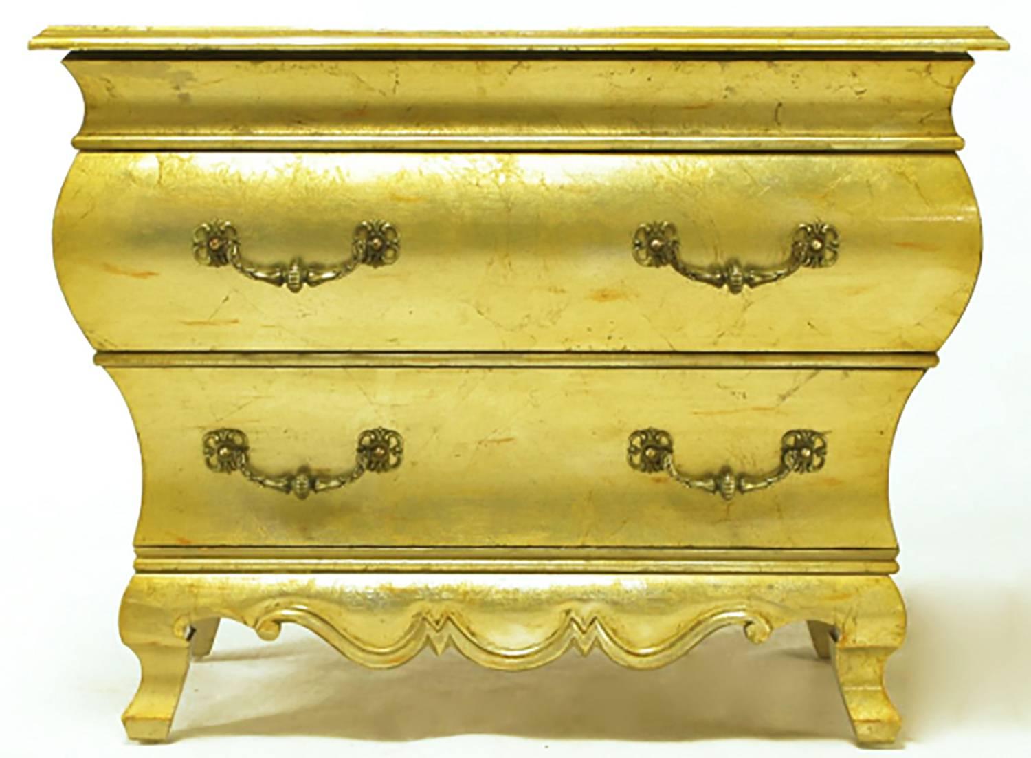 Mid-Century Modern Pair of Henredon Gold Toned Silver Leaf Bombe Two-Drawer Commodes For Sale