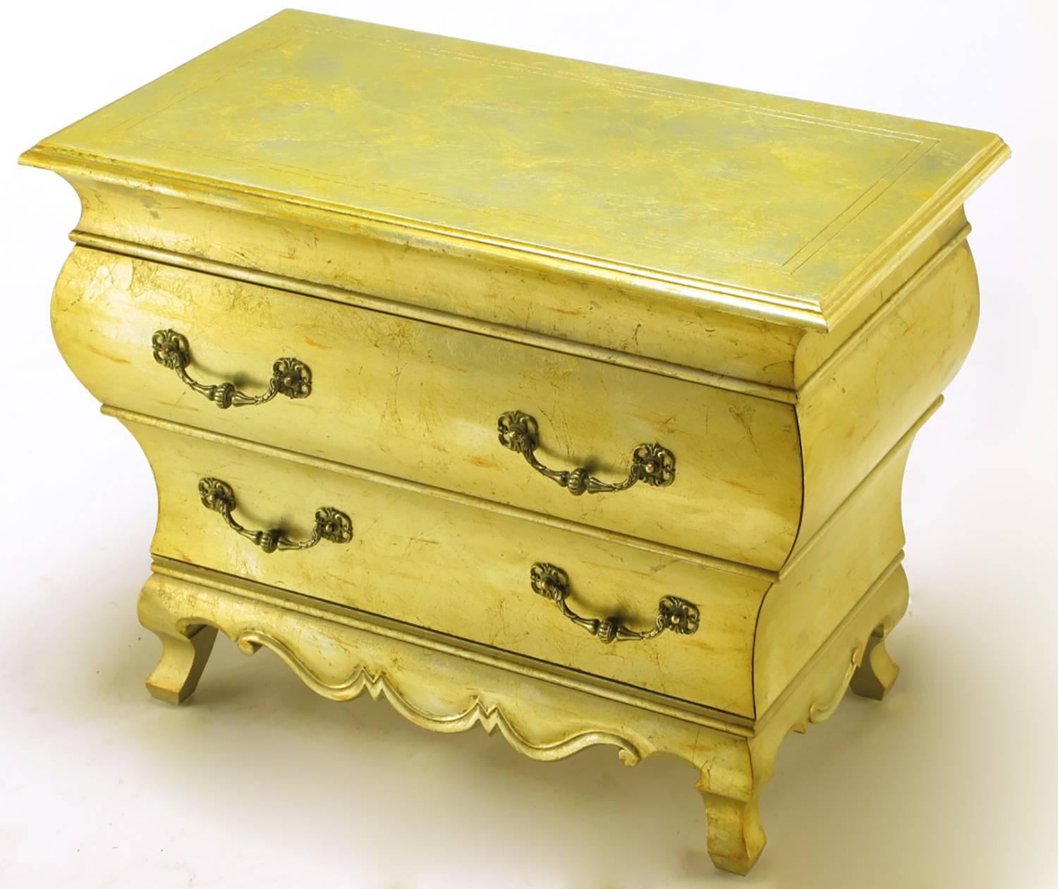 American Pair of Henredon Gold Toned Silver Leaf Bombe Two-Drawer Commodes For Sale