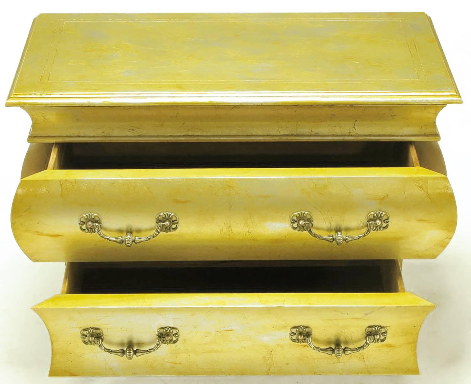 Pair of Henredon Gold Toned Silver Leaf Bombe Two-Drawer Commodes In Good Condition For Sale In Chicago, IL