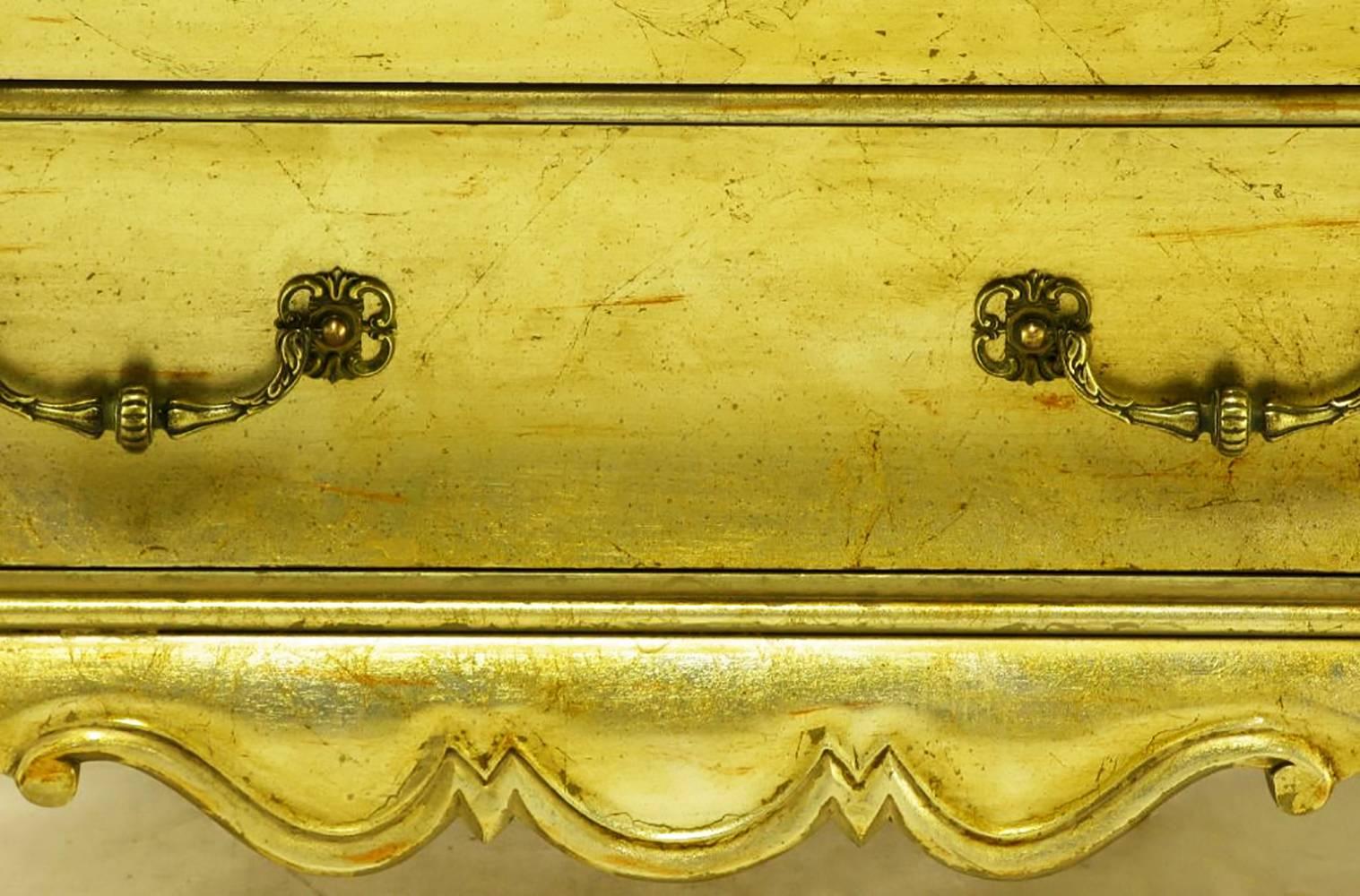 Wood Pair of Henredon Gold Toned Silver Leaf Bombe Two-Drawer Commodes For Sale