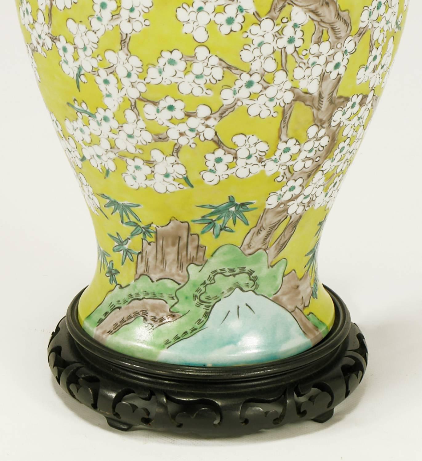 Chinese Pair of Imported Hand-Painted Yellow Glaze Ginger Jar Table Lamps