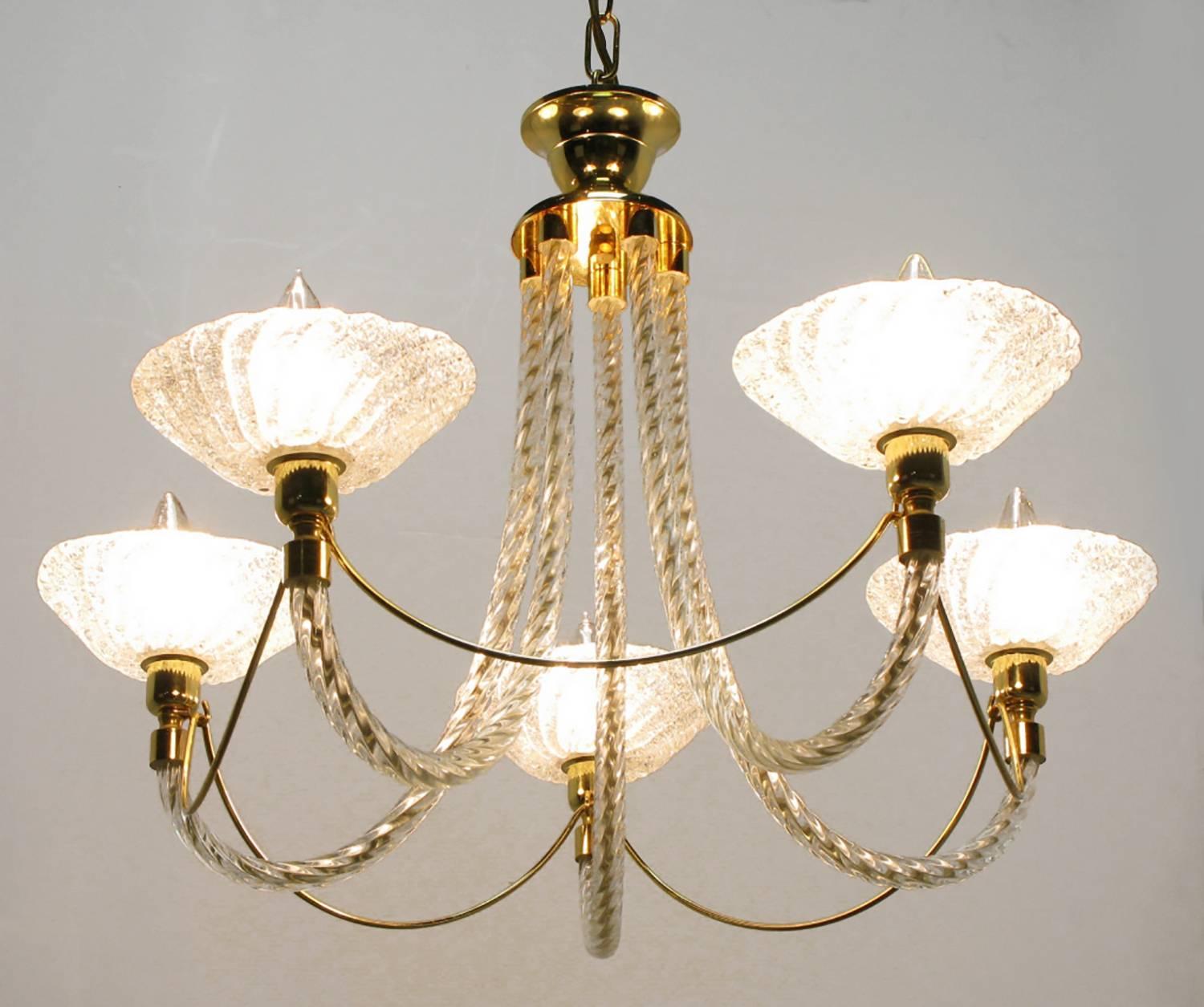 Five-arm handblown Murano glass and brass chandelier in the manner of Barovier & Toso. Roped glass arms with heavily bubbled opaque reeded bobeches. Single stranded brass swag between each arm.