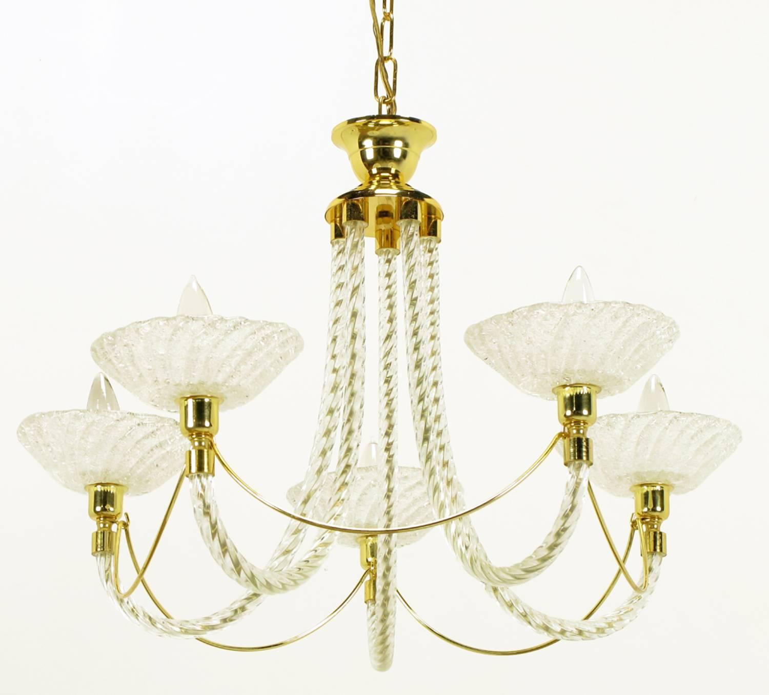 Mid-Century Modern Murano Rope Glass and Brass Five-Arm Chandelier in the Manner of Barovier For Sale