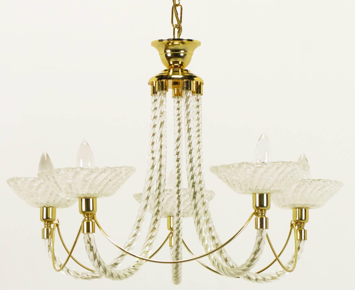 Italian Murano Rope Glass and Brass Five-Arm Chandelier in the Manner of Barovier For Sale