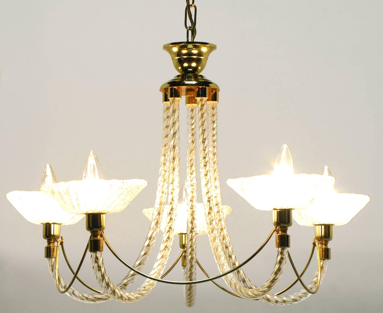 Murano Rope Glass and Brass Five-Arm Chandelier in the Manner of Barovier In Excellent Condition For Sale In Chicago, IL