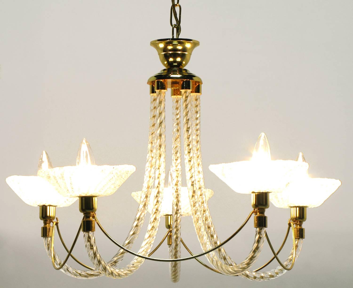 Lustre à cinq bras en verre de Murano et laiton en forme de corde et en laiton à la manière de Barovier Excellent état - En vente à Chicago, IL