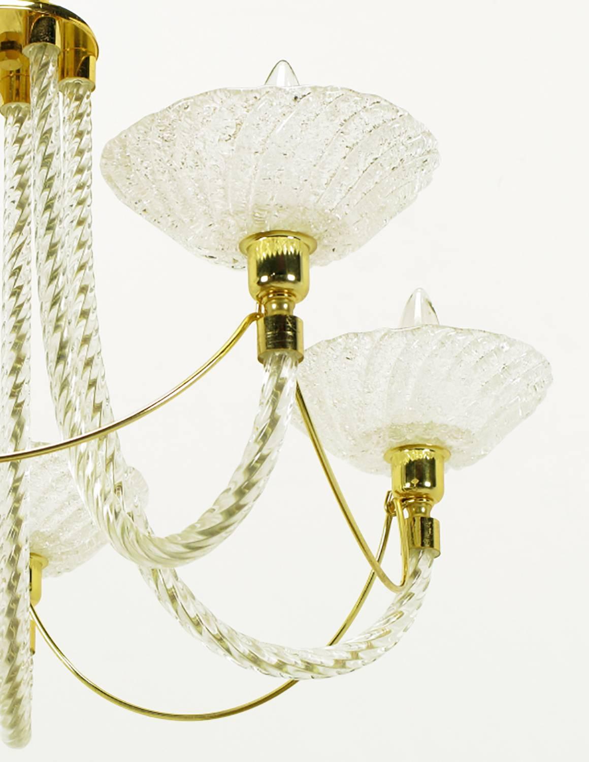 Late 20th Century Murano Rope Glass and Brass Five-Arm Chandelier in the Manner of Barovier For Sale