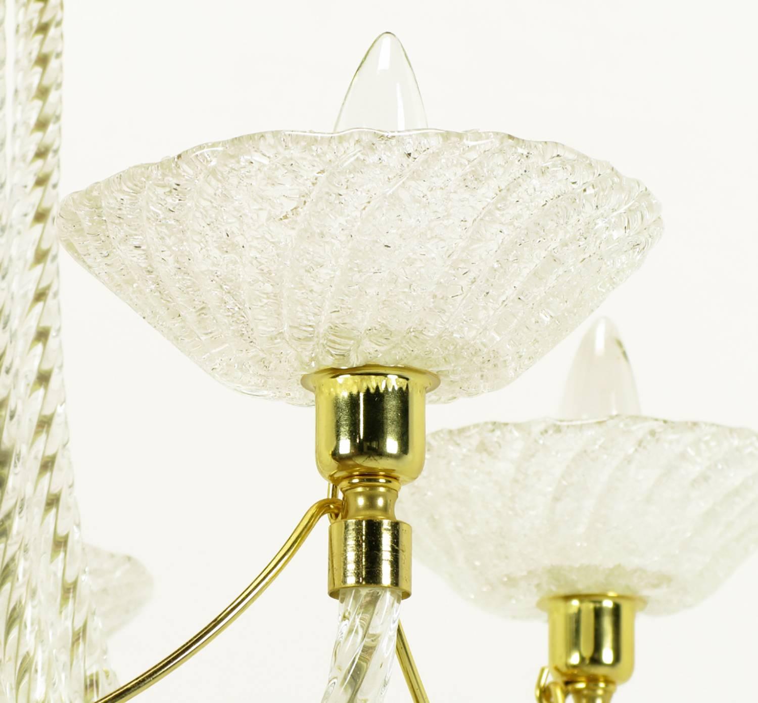Murano Rope Glass and Brass Five-Arm Chandelier in the Manner of Barovier For Sale 1