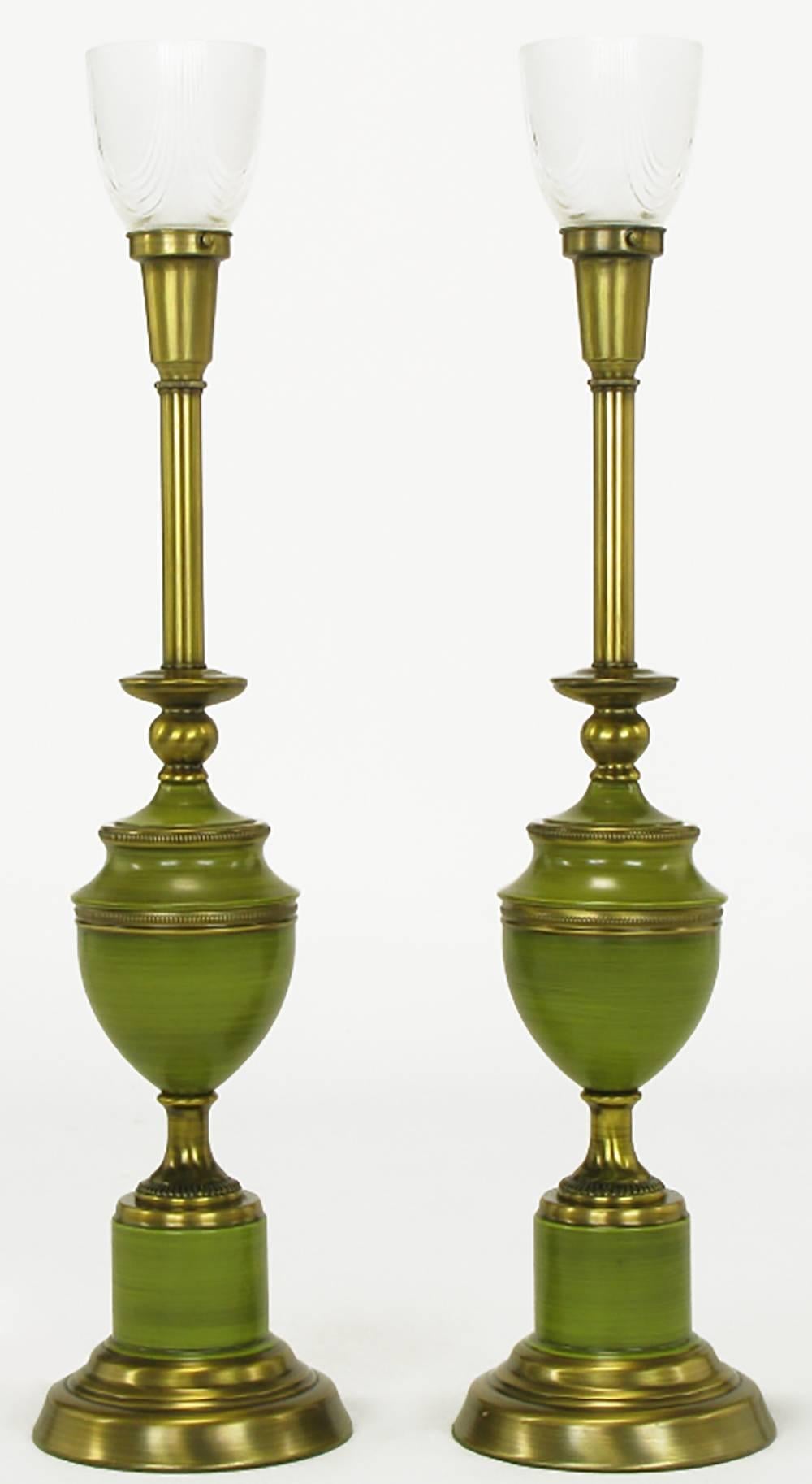 Pair of antiqued brass and striated olive green lacquer Empire style table lamps by Rembrandt. Brass and lacquered base with brass spacer and urn style lacquered body. Brass stem and milk glass diffusers.