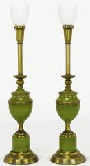 Pair of Rembrandt Lamps Antiqued Brass & Green Lacquer Empire Style Table Lamps