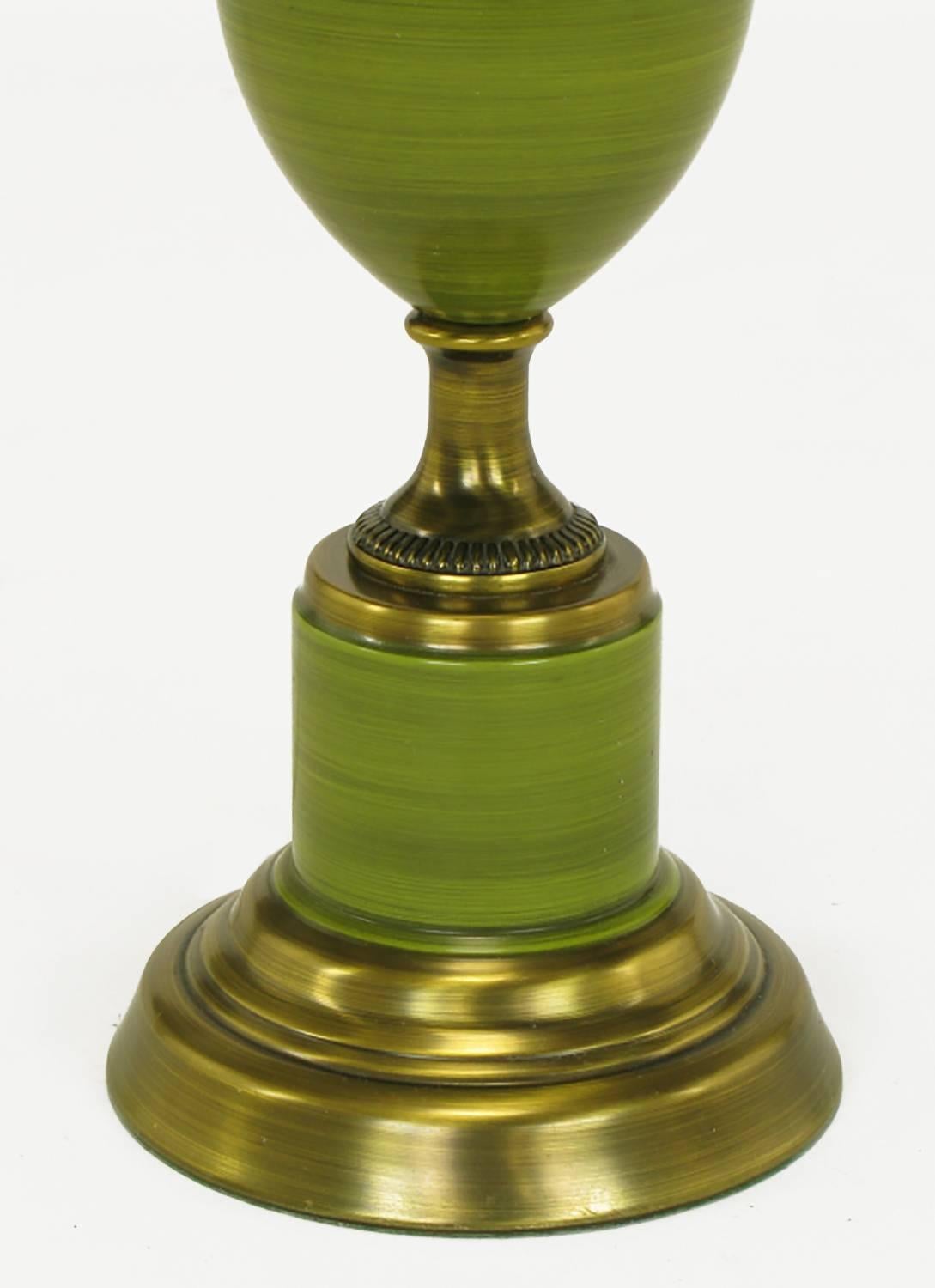 Mid-Century Modern Pair of Rembrandt Lamps Antiqued Brass & Green Lacquer Empire Style Table Lamps