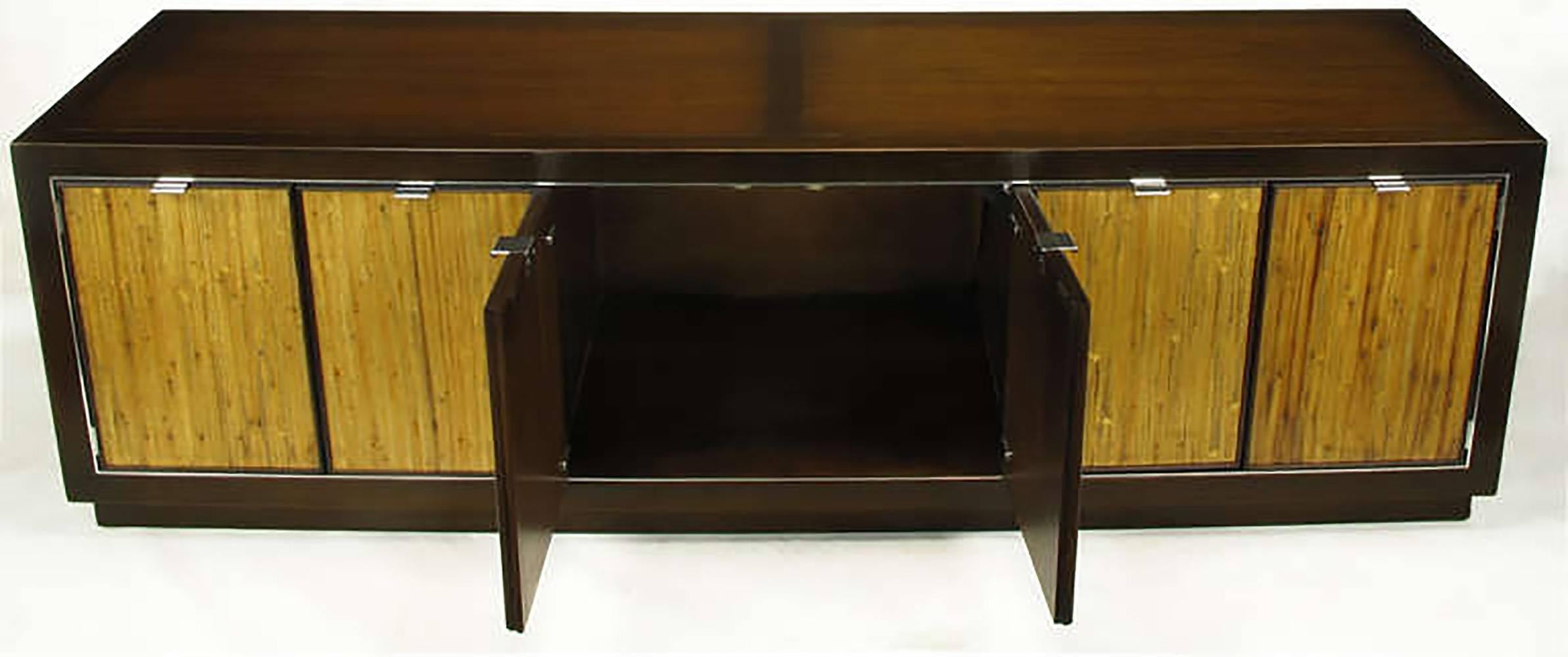 Dark Walnut and Grass Cloth Low Cabinet after Harvey Probber In Good Condition For Sale In Chicago, IL