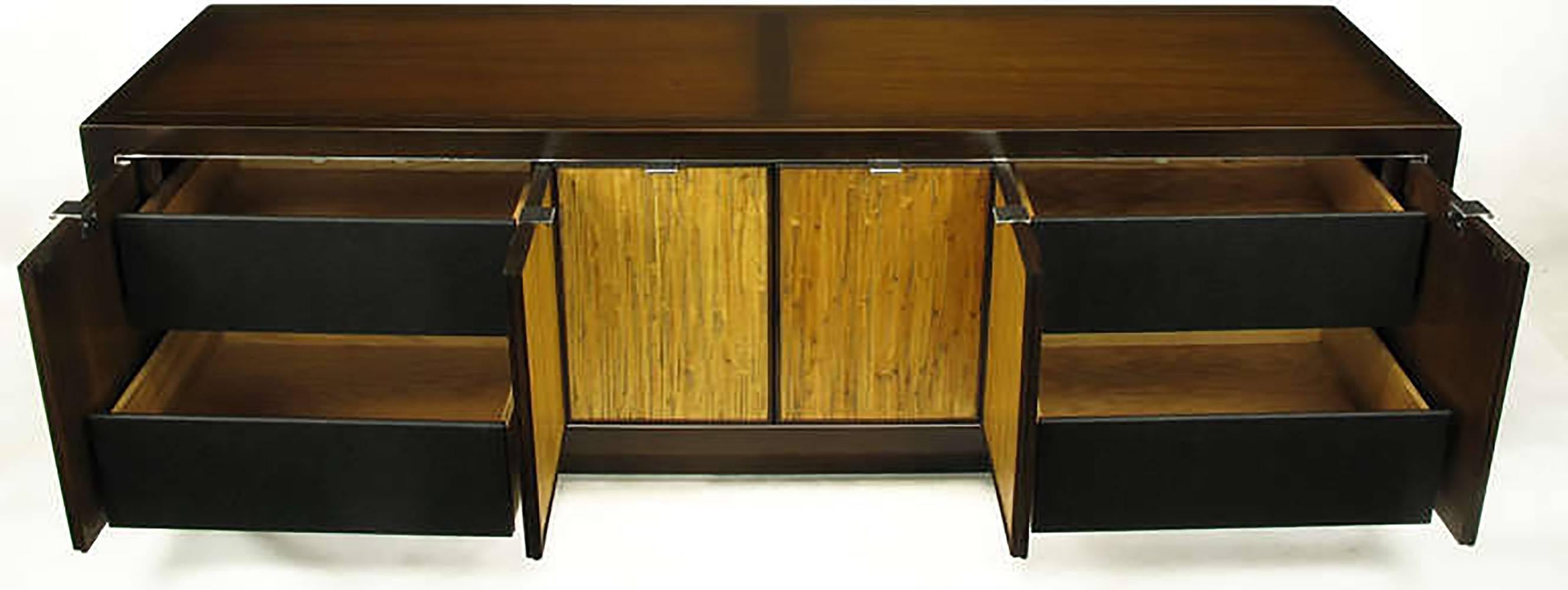 Mid-20th Century Dark Walnut and Grass Cloth Low Cabinet after Harvey Probber For Sale