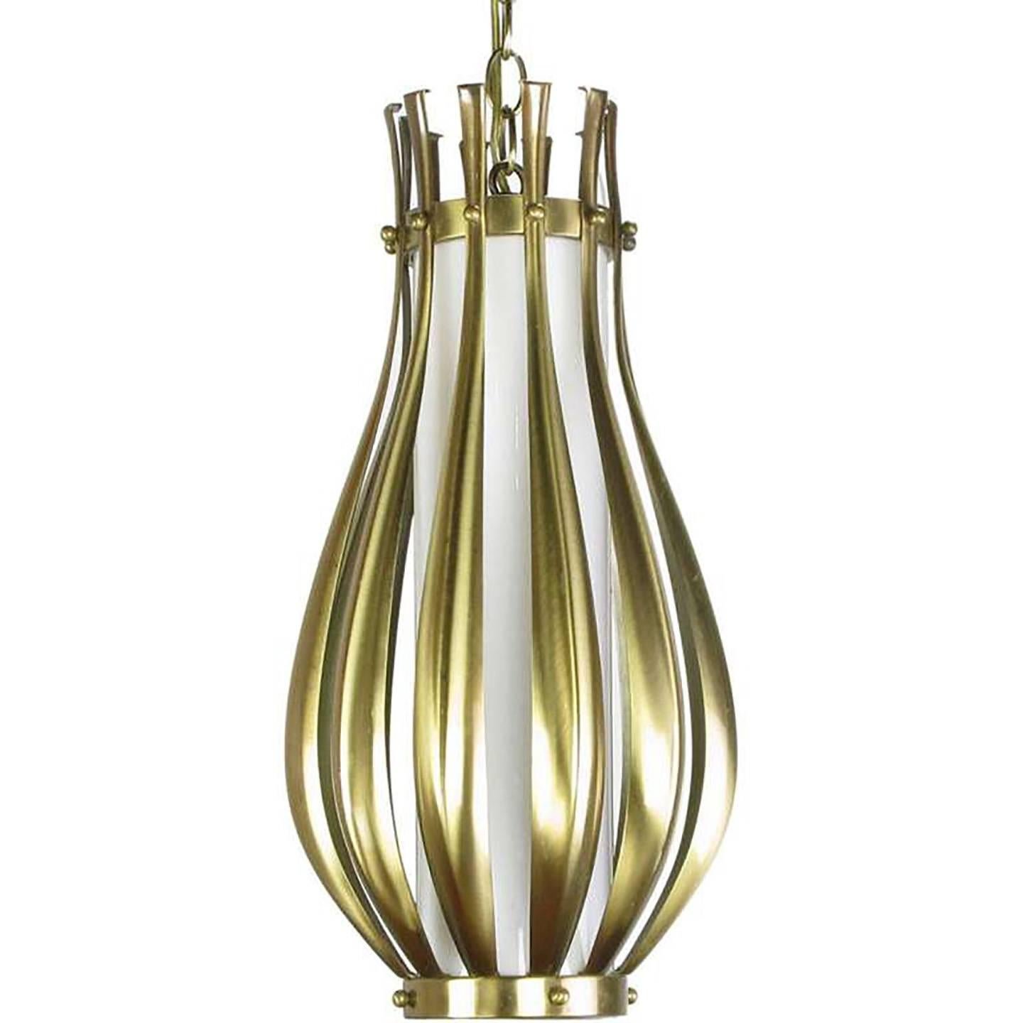 Mid-Century Modern Gourd-Form Brushed Brass and Milk Glass Pendant Light For Sale