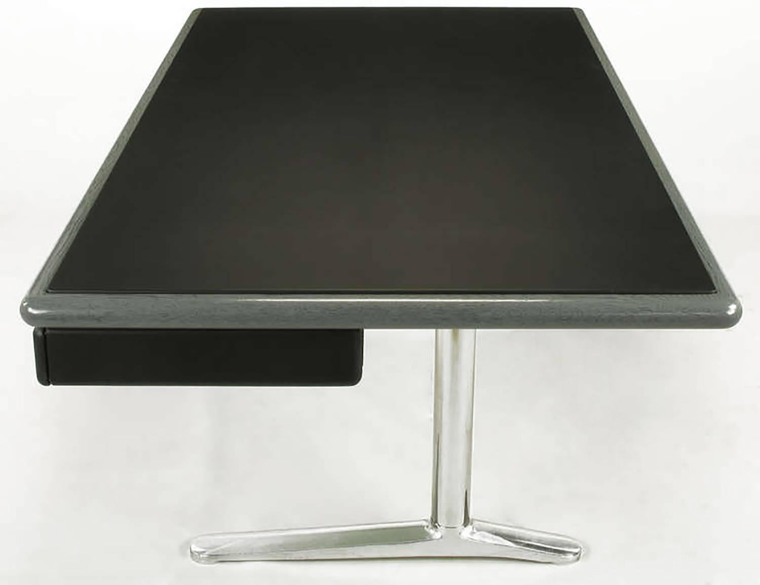 Mid-Century Modern Warren Platner Steel Grey Cerused Oak and Black Leather Executive Desk