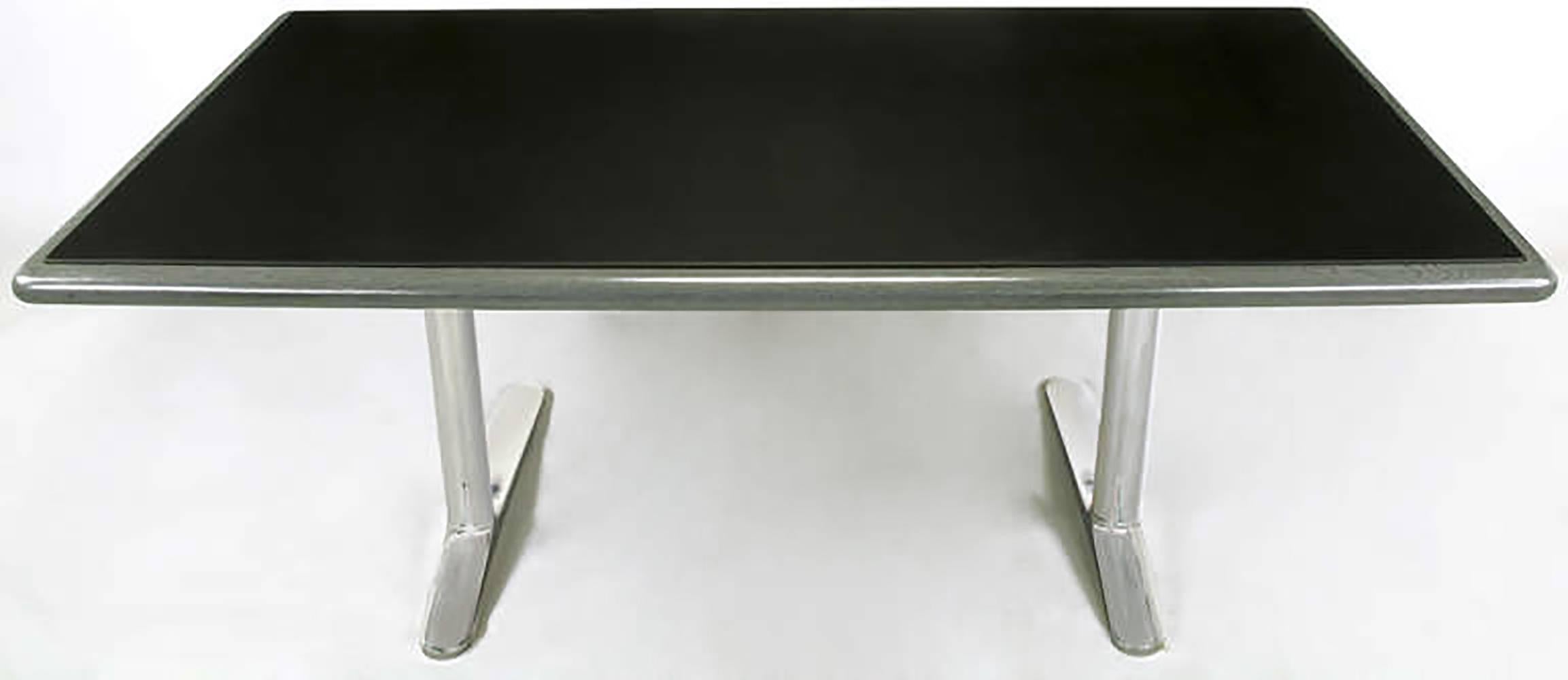 Warren Platner Steel Grey Cerused Oak and Black Leather Executive Desk In Excellent Condition In Chicago, IL