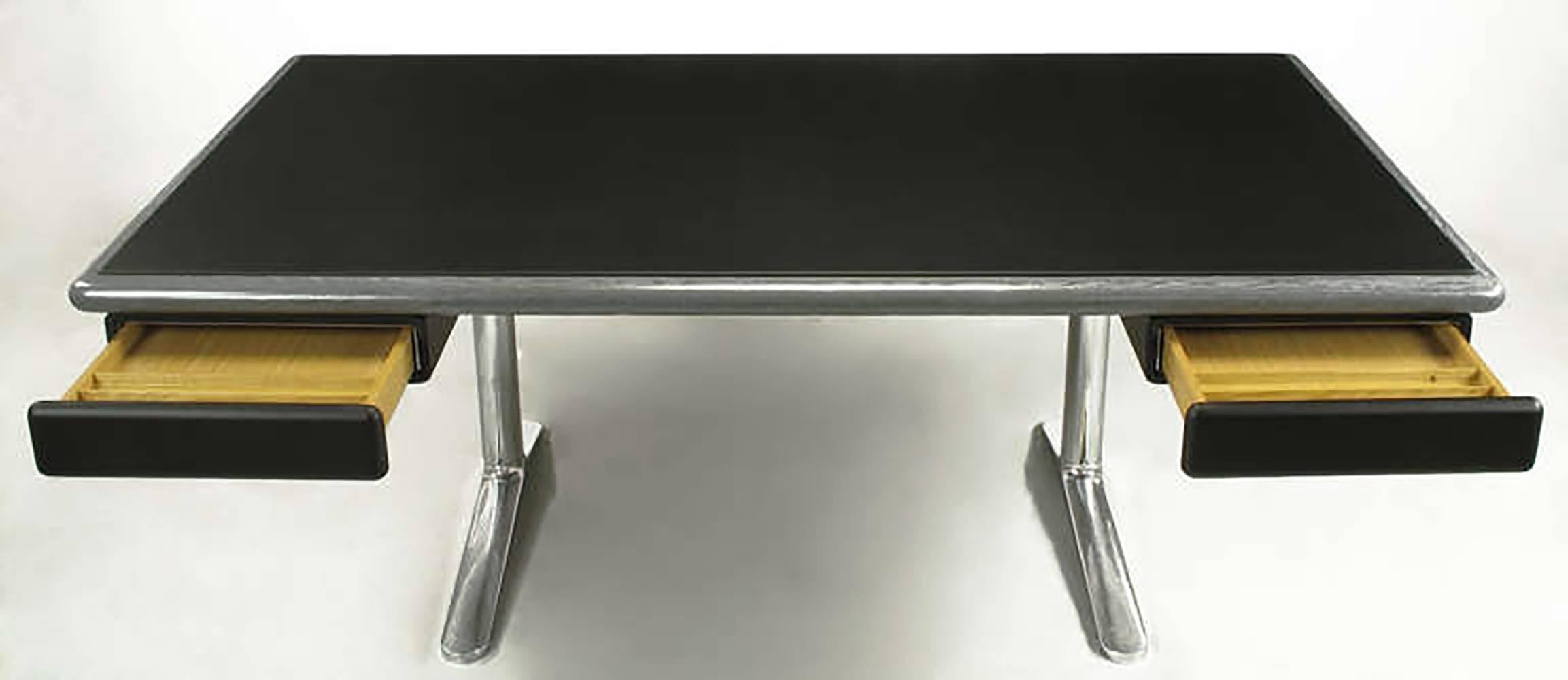 Mid-20th Century Warren Platner Steel Grey Cerused Oak and Black Leather Executive Desk