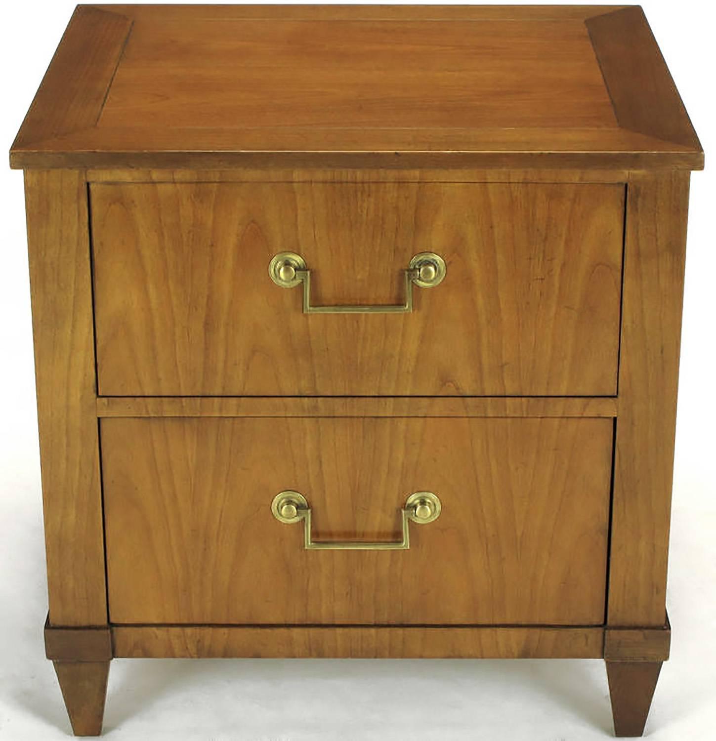 Regency Pair of Baker French Cherry and Brass Fall-Front Nightstands