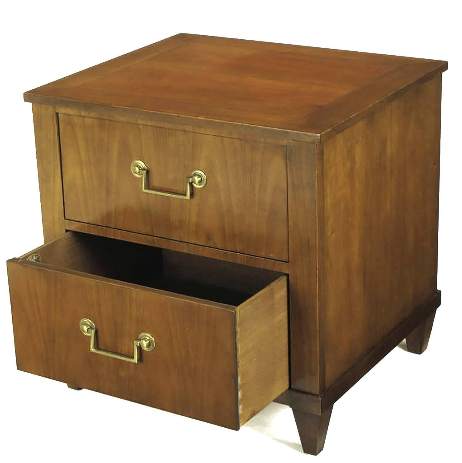 American Pair of Baker French Cherry and Brass Fall-Front Nightstands