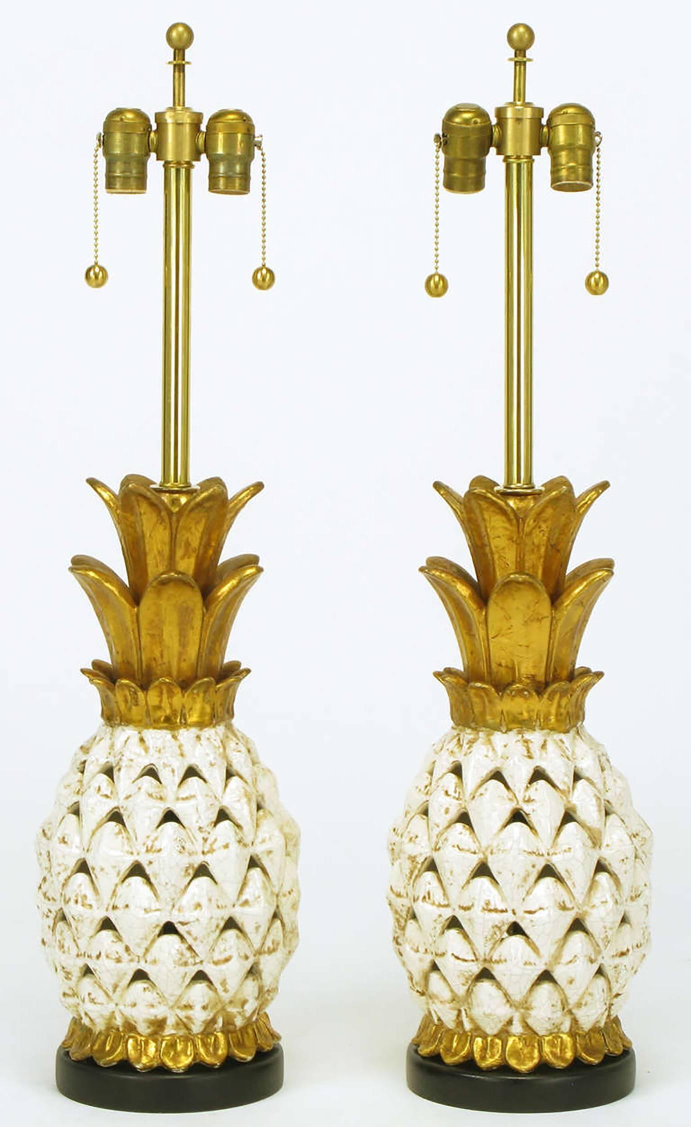 Mid-Century Modern Pair Reticulated Pottery Pineapple-Form Table Lamps