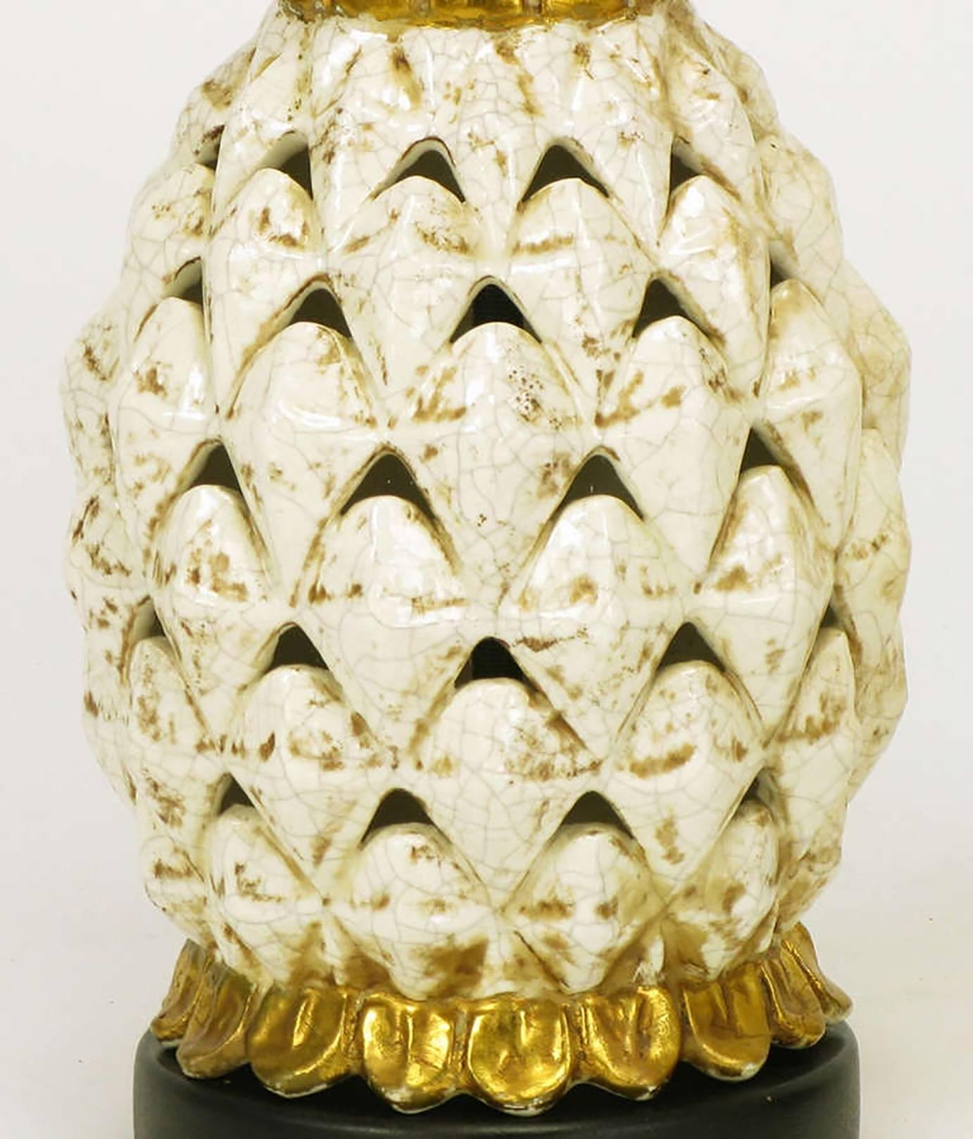 Ebonized Pair Reticulated Pottery Pineapple-Form Table Lamps
