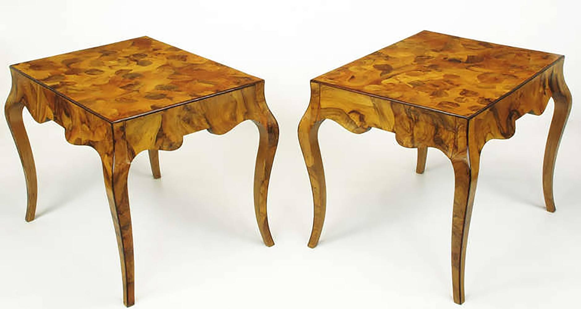 Pair of Italian oyster burl cabriole leg end tables restored to original condition. Inconspicuous single front drawer, solid stripe borders all edges. Originally sold exclusively thru Macy's New York, NY in the 1950s.