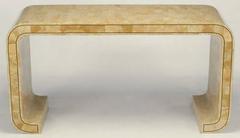 Maitland Smith Tessellated Coral Stone and Brass Inlay Console Table