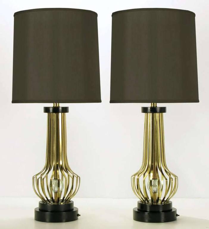 Pair of Rembrandt Brass Open Rib Table Lamps with Crystal Ball Centres