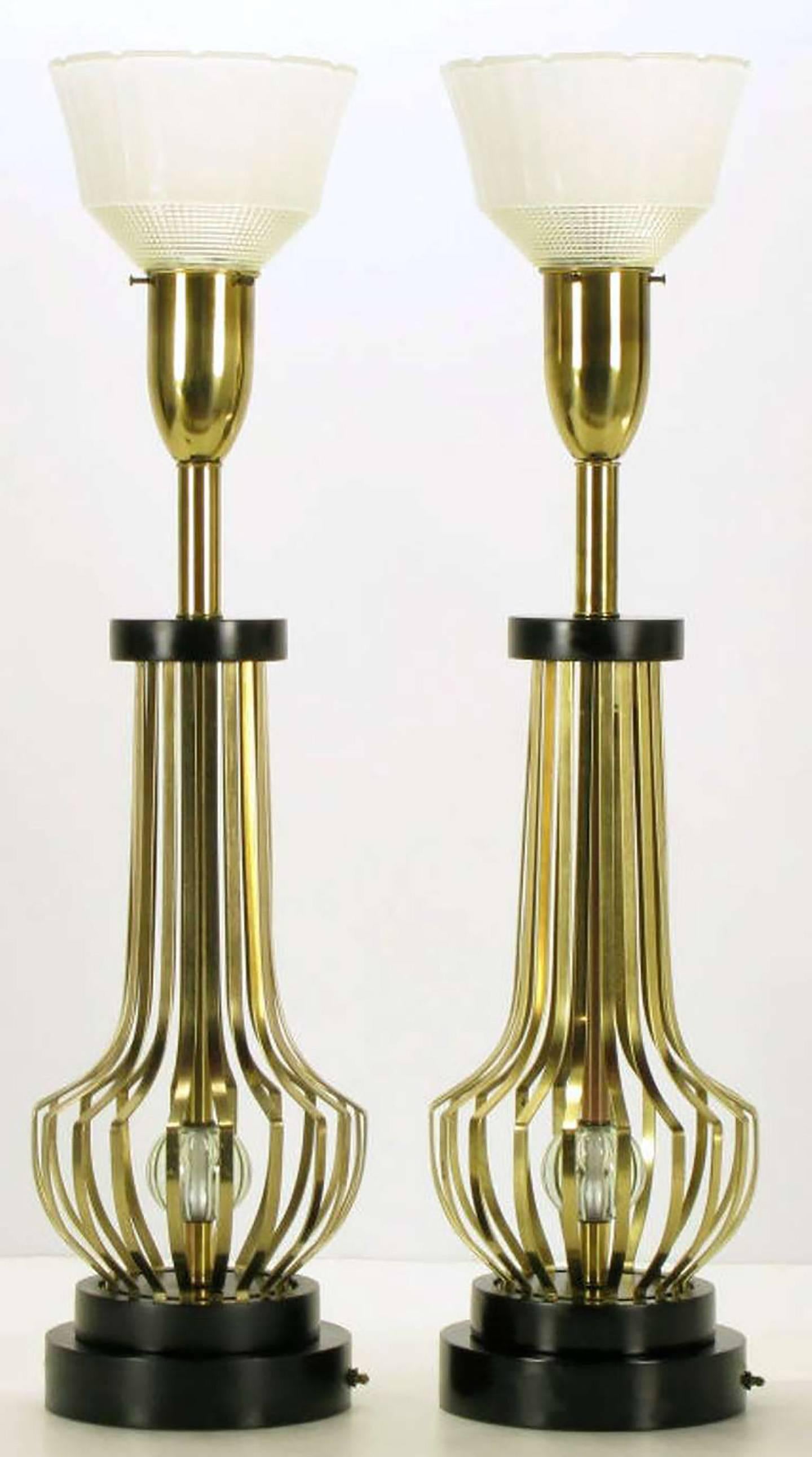 Mid-Century Modern Pair of Rembrandt Brass Open Rib Table Lamps with Crystal Ball Centres For Sale