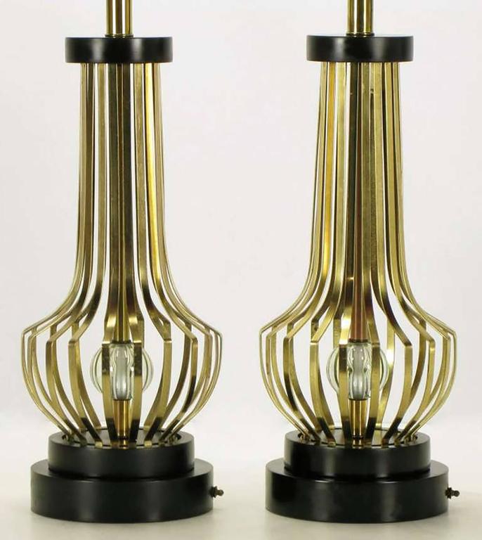 Pair of Rembrandt Brass Open Rib Table Lamps with Crystal Ball Centres