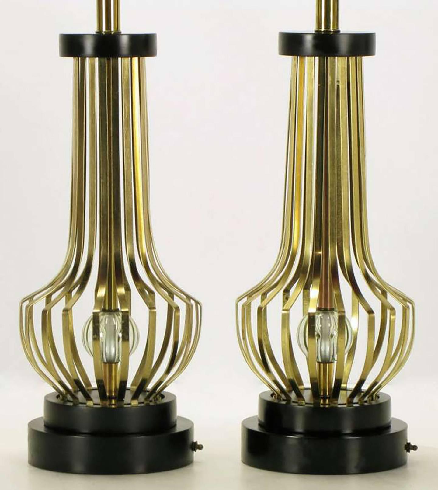American Pair of Rembrandt Brass Open Rib Table Lamps with Crystal Ball Centres For Sale