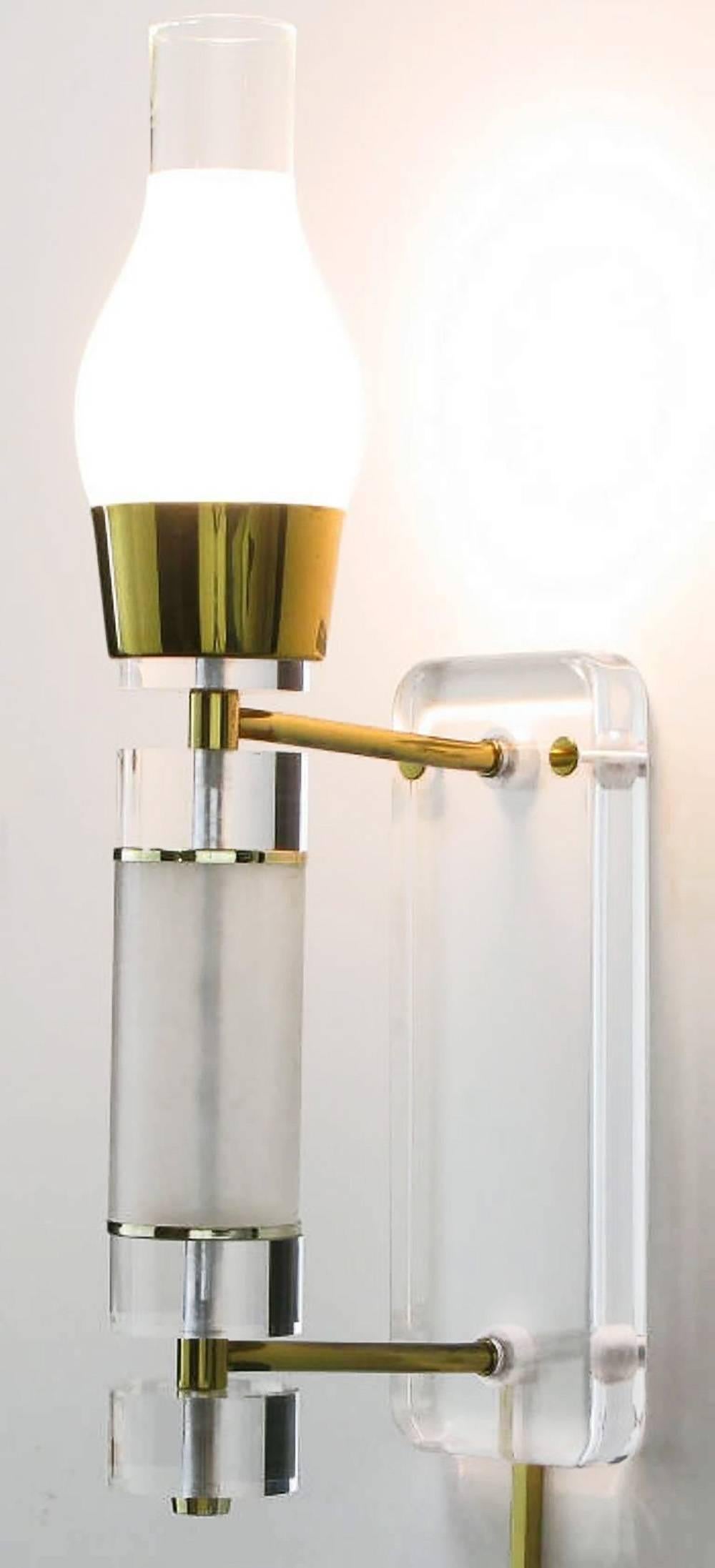 Italian Extraordinary Pair of Lucite, Brass and Glass Wall Sconces For Sale