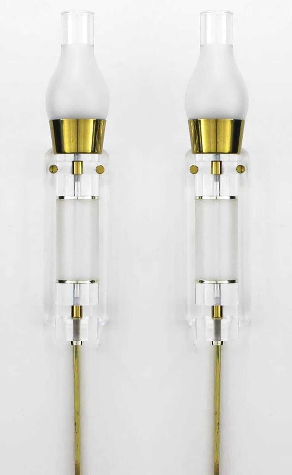 Extraordinary Pair of Lucite, Brass and Glass Wall Sconces In Excellent Condition For Sale In Chicago, IL