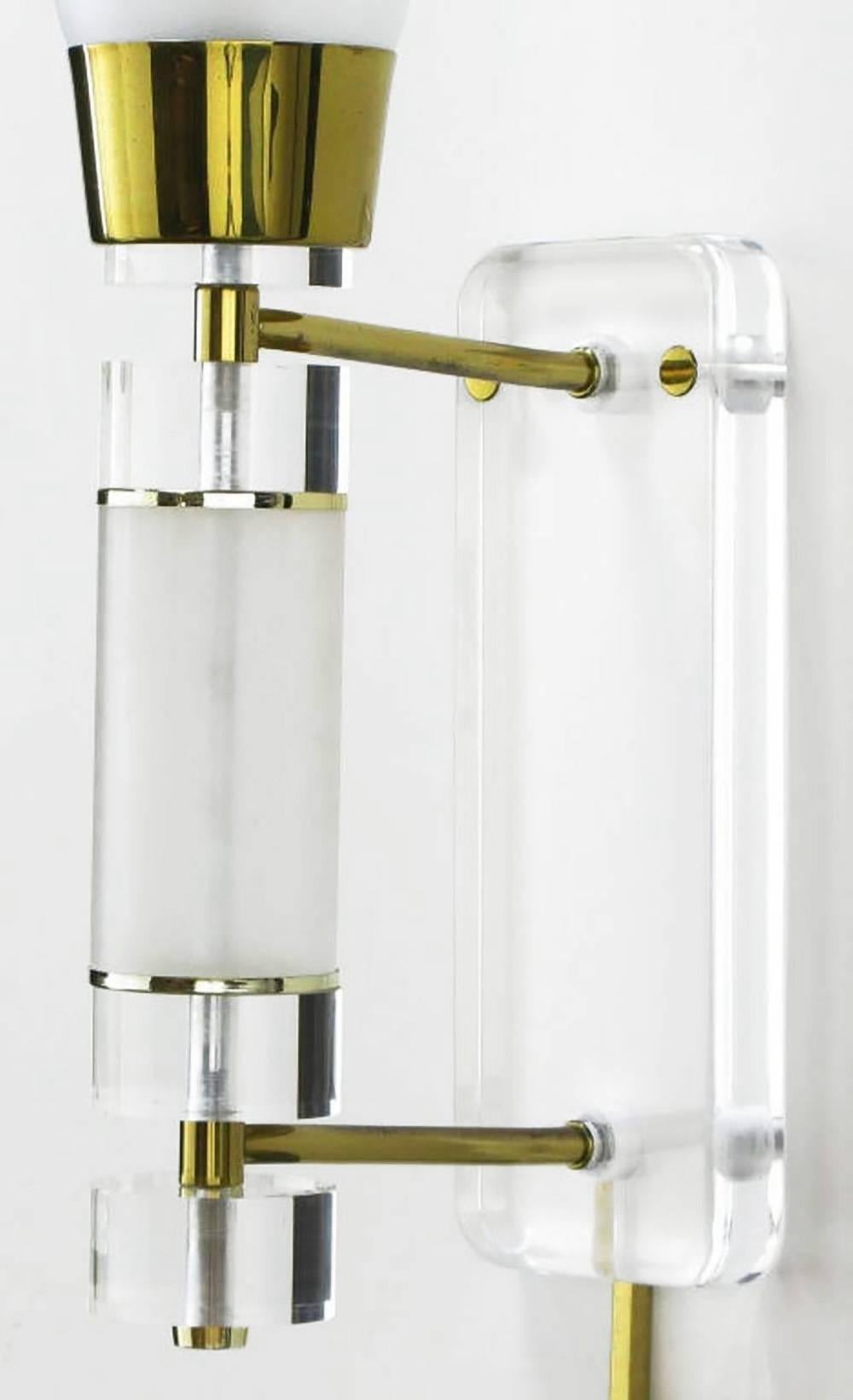 Late 20th Century Extraordinary Pair of Lucite, Brass and Glass Wall Sconces For Sale