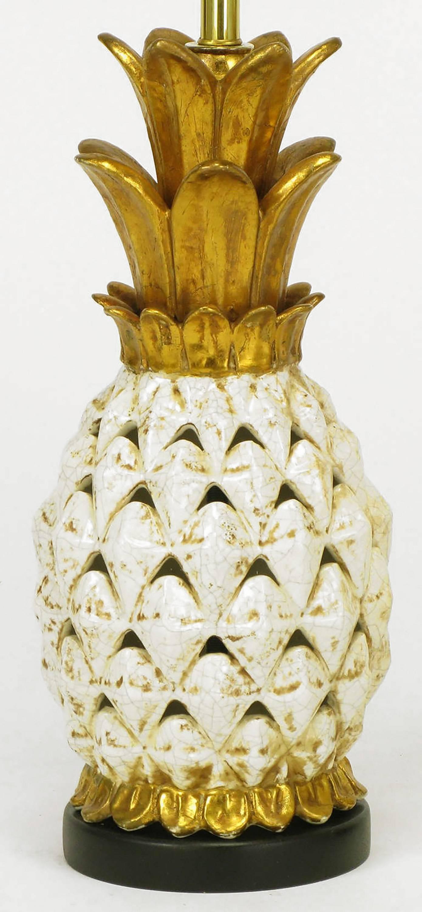 Mid-Century Modern Pair of Reticulated Craquelure Glazed Pottery Pineapple-Form Table Lamps