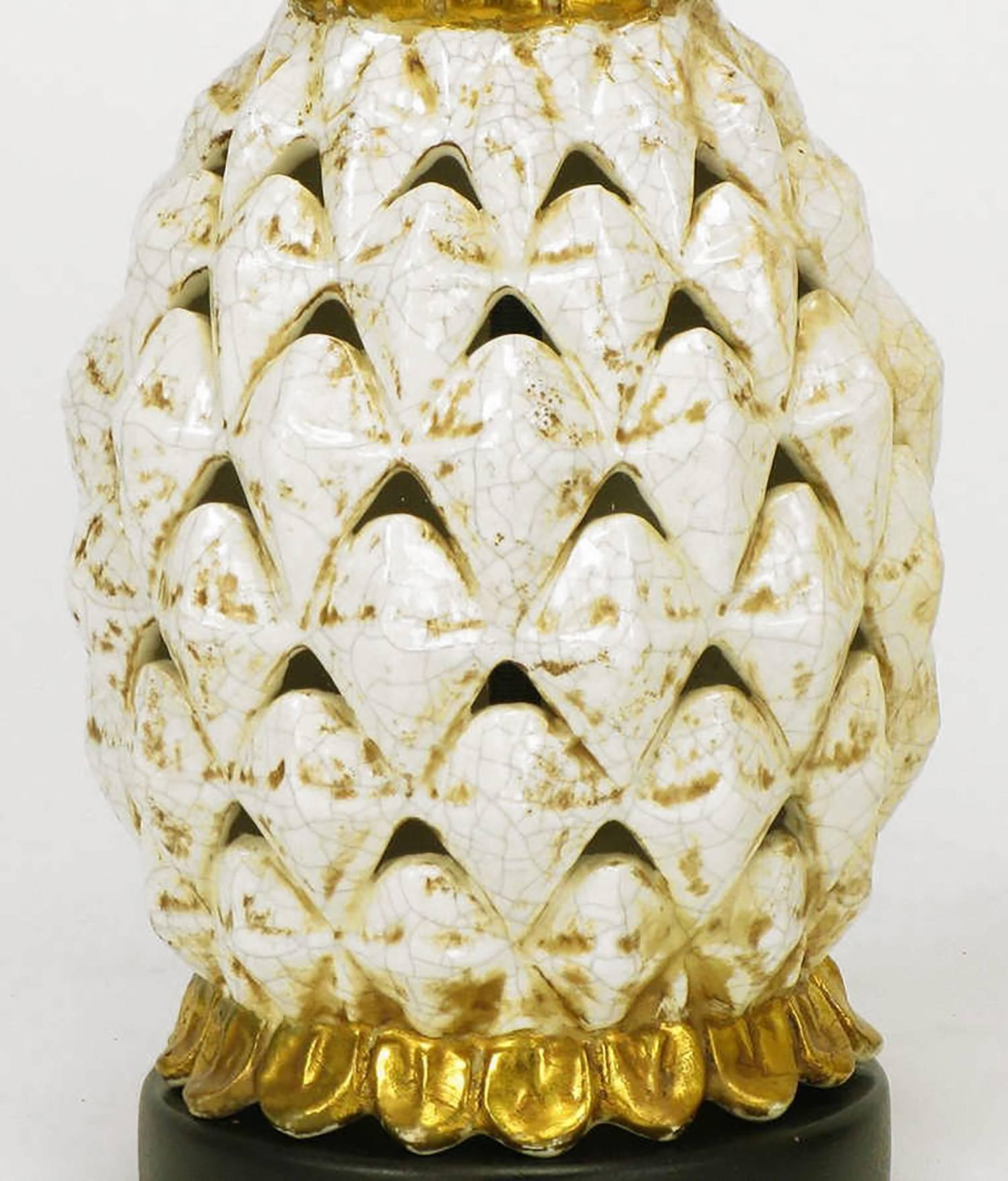 American Pair of Reticulated Craquelure Glazed Pottery Pineapple-Form Table Lamps