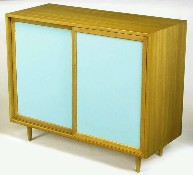 Mid-Century Modern Pair of Harvey Probber Bleached Mahogany and Tiffany Blue Leather Front Cabinets For Sale