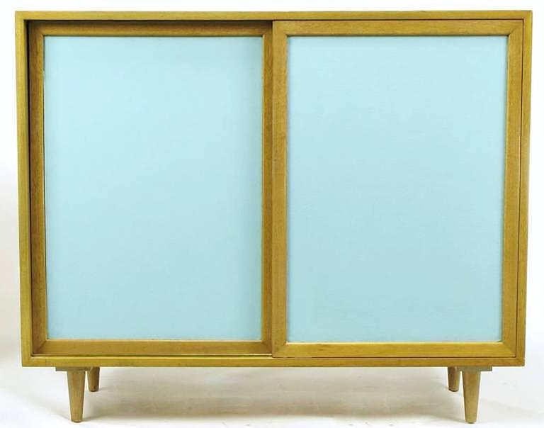 American Pair of Harvey Probber Bleached Mahogany and Tiffany Blue Leather Front Cabinets For Sale