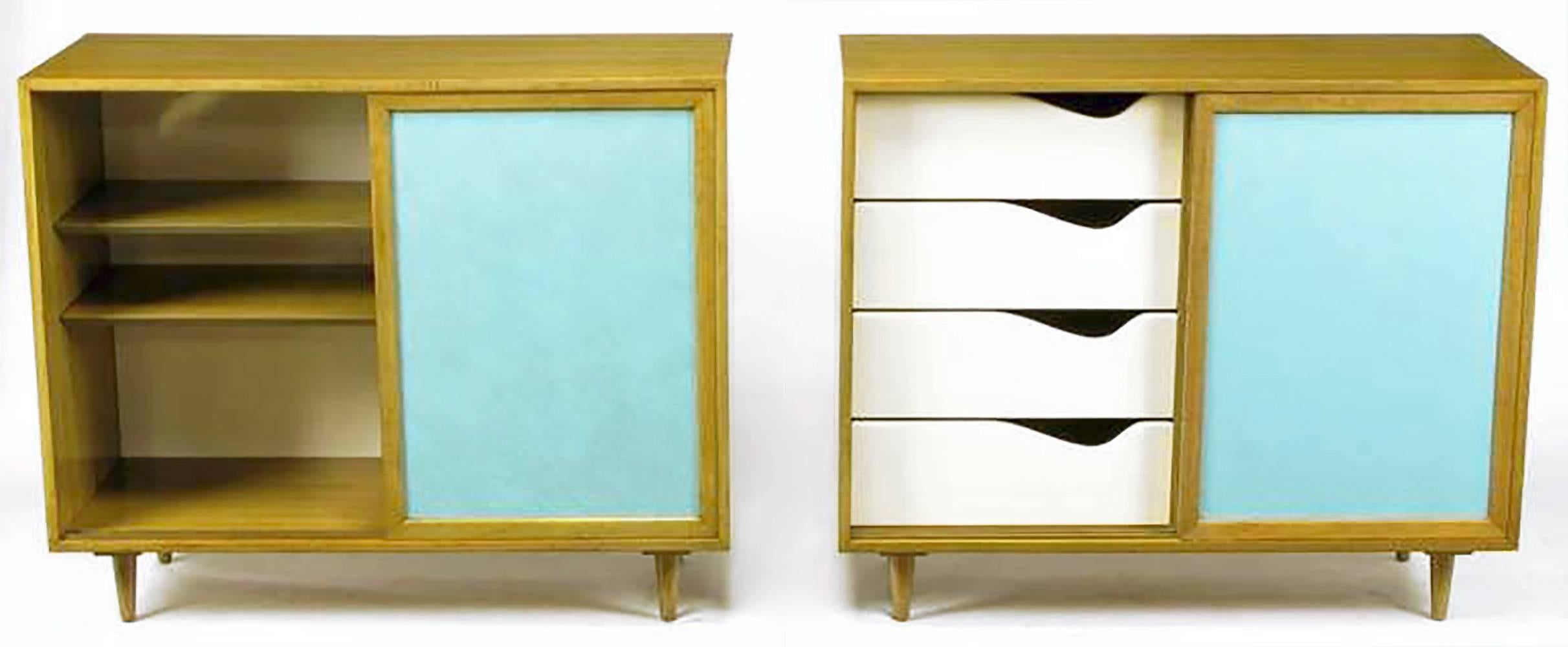 Mid-Century Modern Pair of Harvey Probber Bleached Mahogany and Tiffany Blue Leather Front Cabinets For Sale