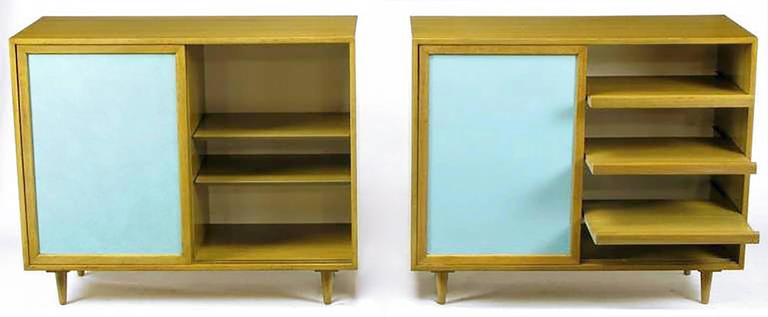 Mid-20th Century Pair of Harvey Probber Bleached Mahogany and Tiffany Blue Leather Front Cabinets For Sale