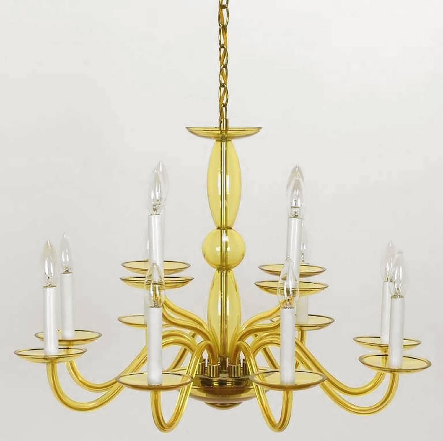 1940s Murano champagne color glass chandelier, with hand-painted gold accents. Has two tiers, the lower with eight arms, and the upper with four. Sold with brass chain and matching glass canopy.