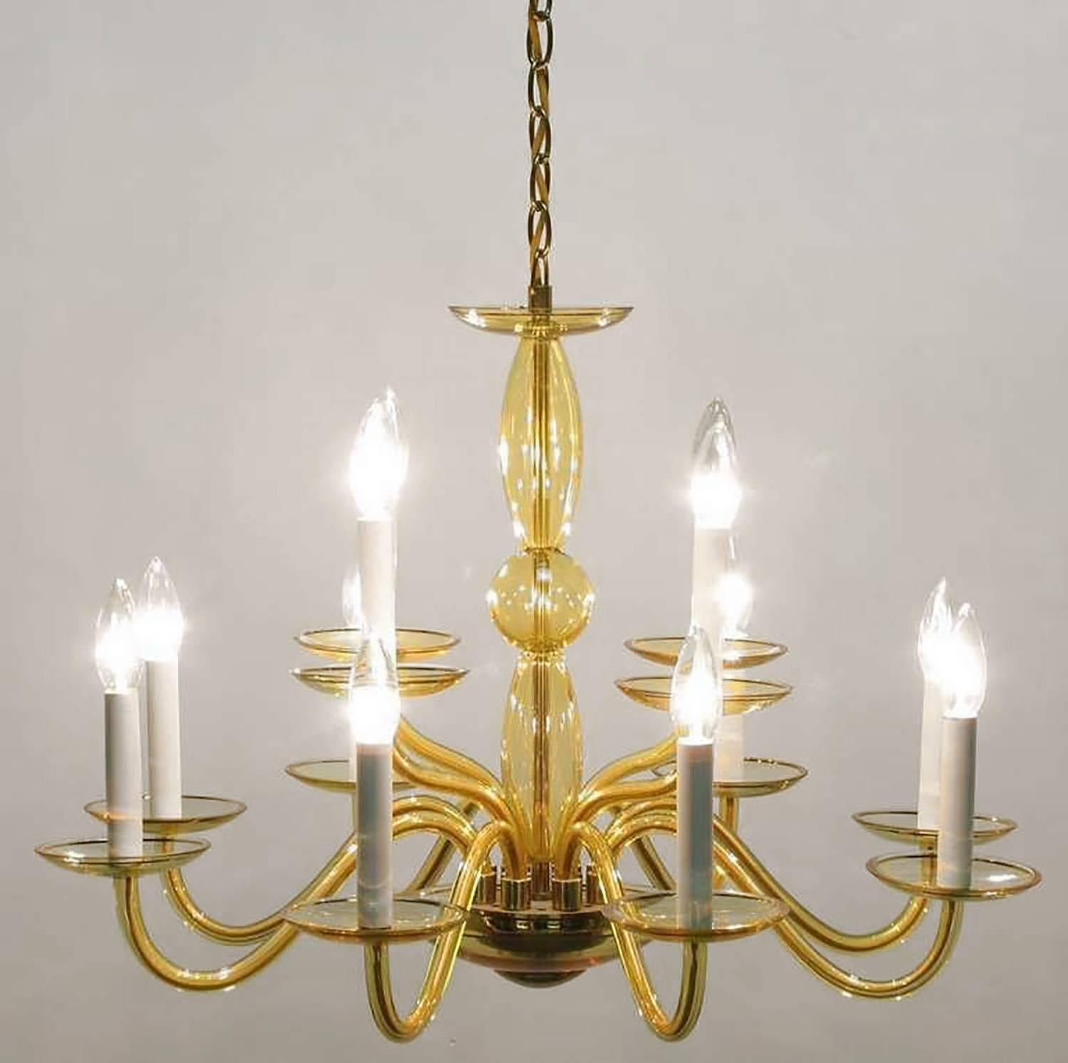 Mid-Century Modern 1940s Twelve-Arm Murano Deep Champagne Glass Chandelier