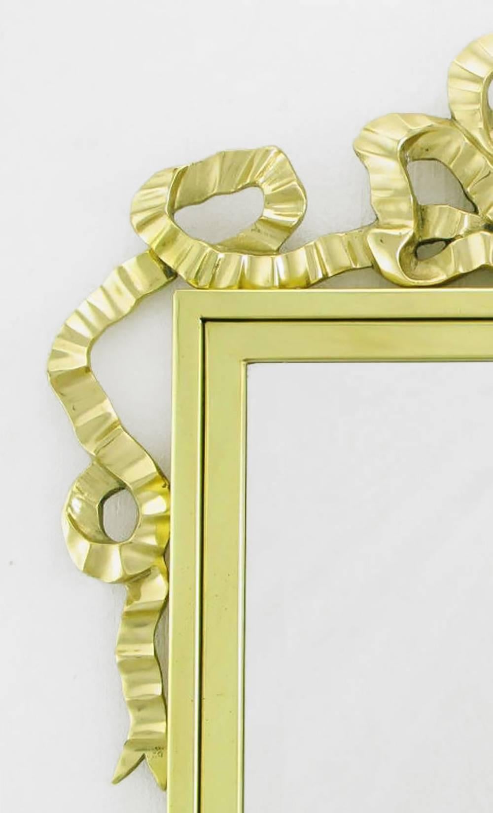 Neoclassical Revival Brass Wall Mirror with Solid Brass Ribbon Swag For Sale