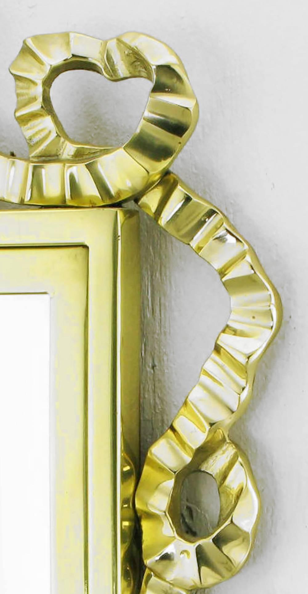 Mid-20th Century Brass Wall Mirror with Solid Brass Ribbon Swag For Sale