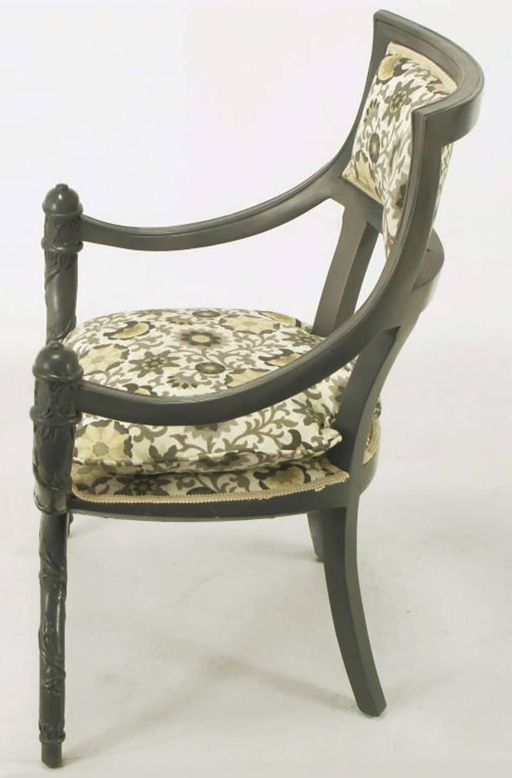American Pair of Carved Wood Curule Chairs in Slate Grey Lacquer For Sale
