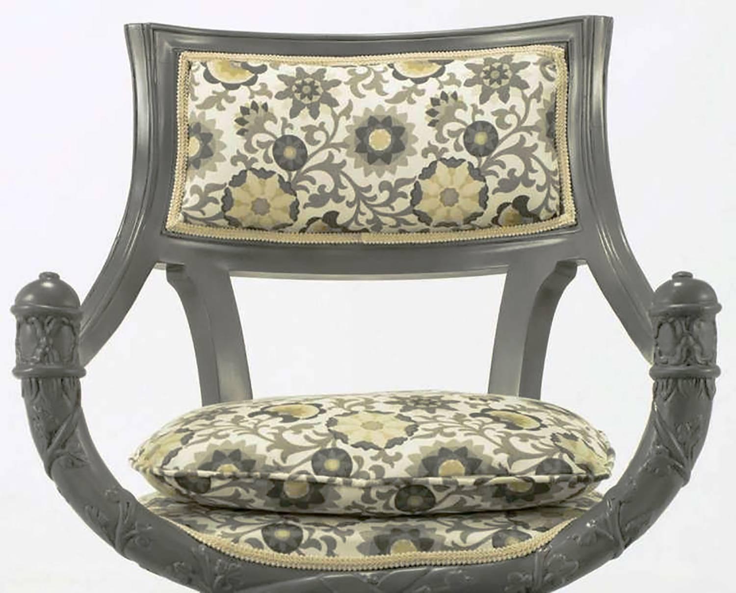Upholstery Pair of Carved Wood Curule Chairs in Slate Grey Lacquer For Sale