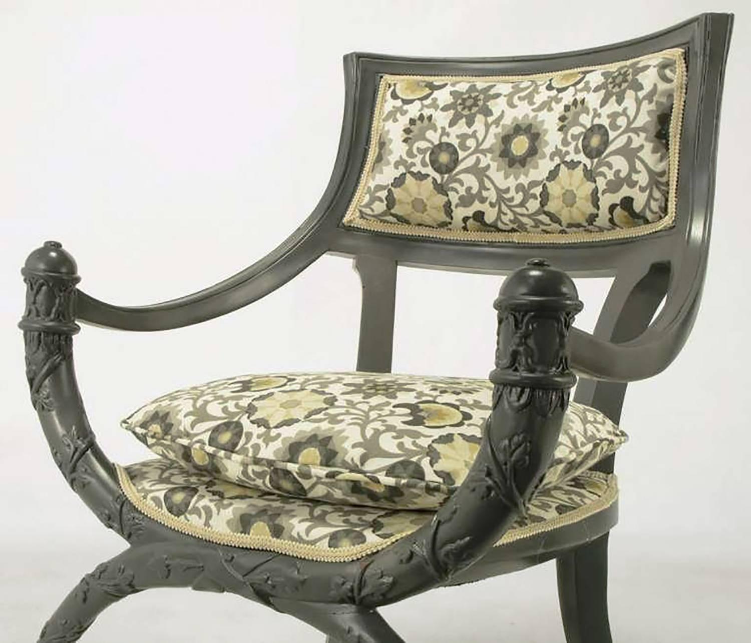 Pair of Carved Wood Curule Chairs in Slate Grey Lacquer For Sale 1
