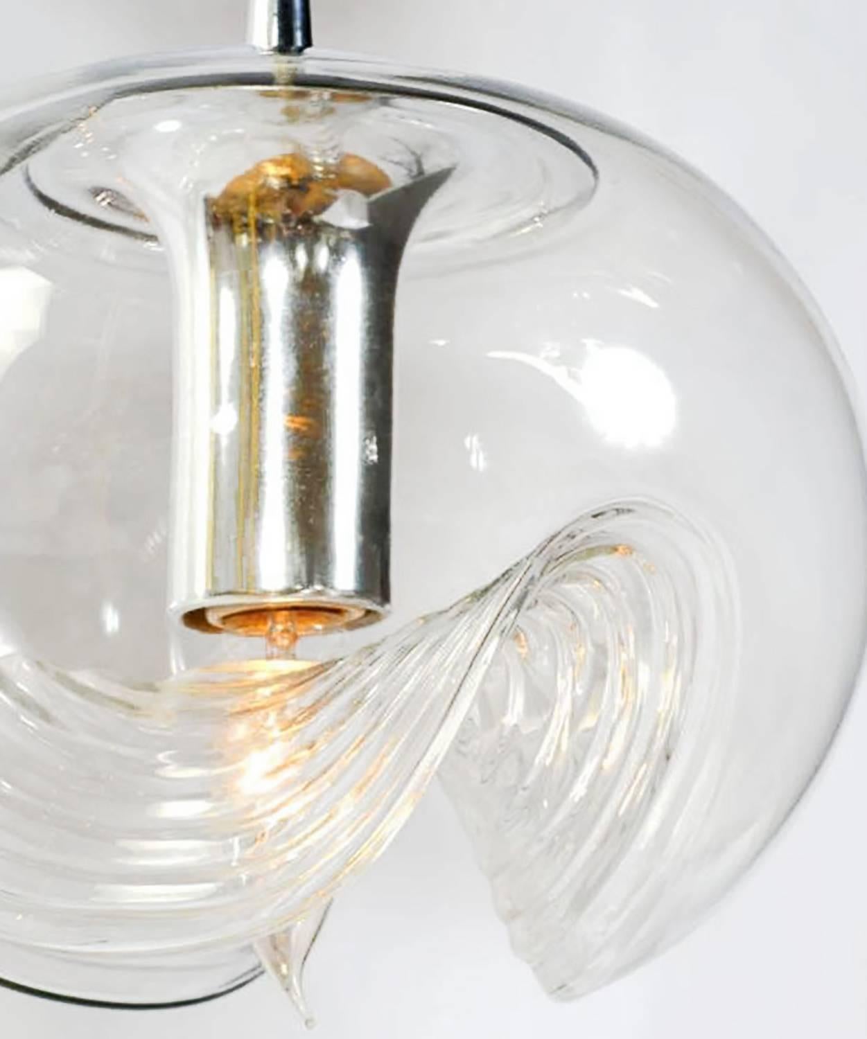 Mid-Century Modern Koch & Lowy Chrome and Blown Glass Triple Pendant Fixture For Sale