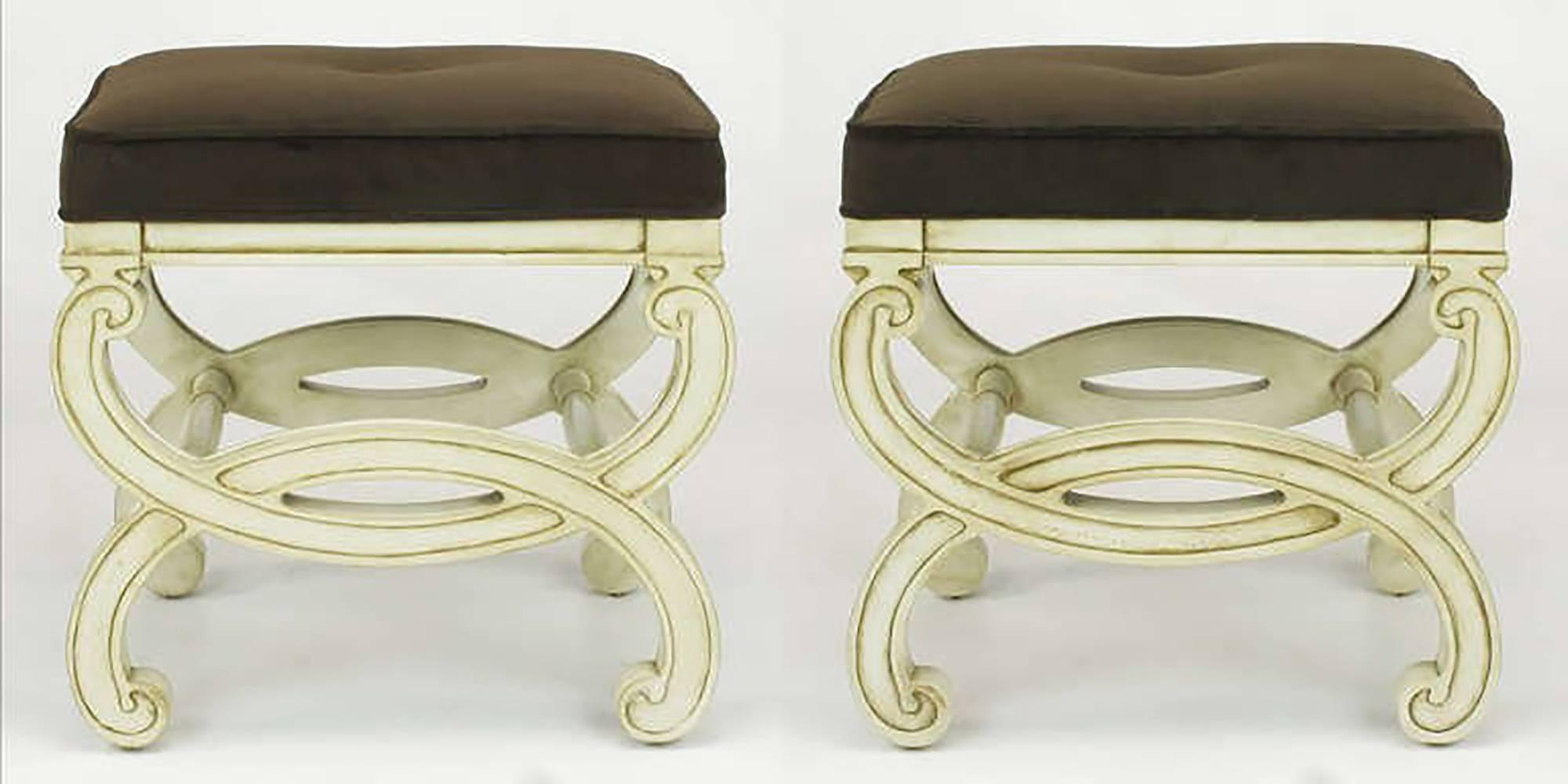 American Pair of Regency Style Interlocking Curule Benches in Glazed Ivory & Sable Velvet